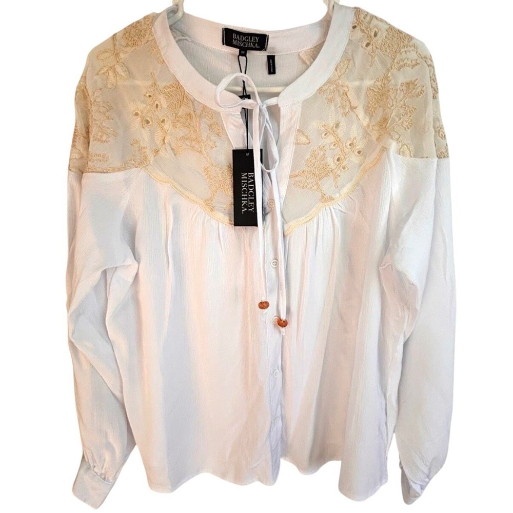 Badgley Mischka White Embroidered Mesh Yoke Blouse Long Sleeve Top Small New